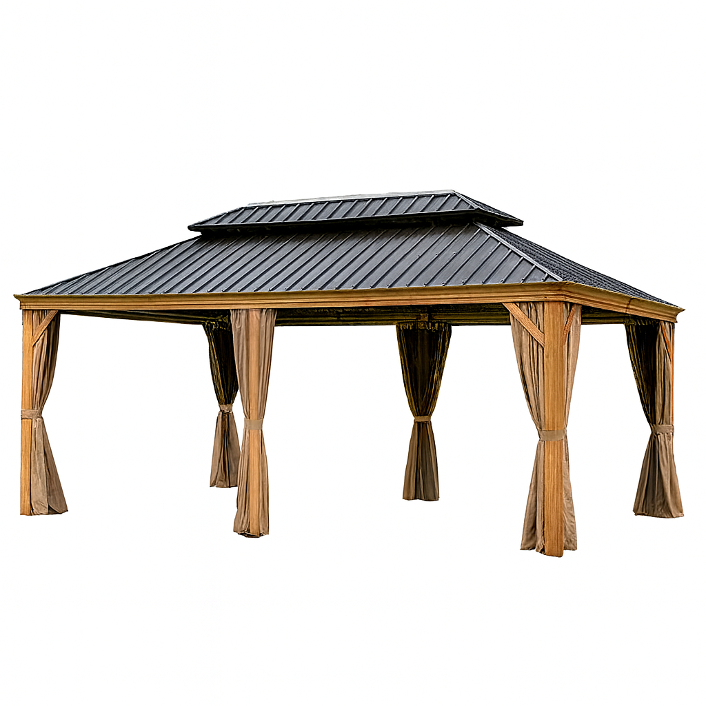 12 Ft. X 20 Ft. Outdoor Aluminum Frame Wood Grain Patio Gazebo Canopy Tent Shelter with Galvanized Steel Hardtop