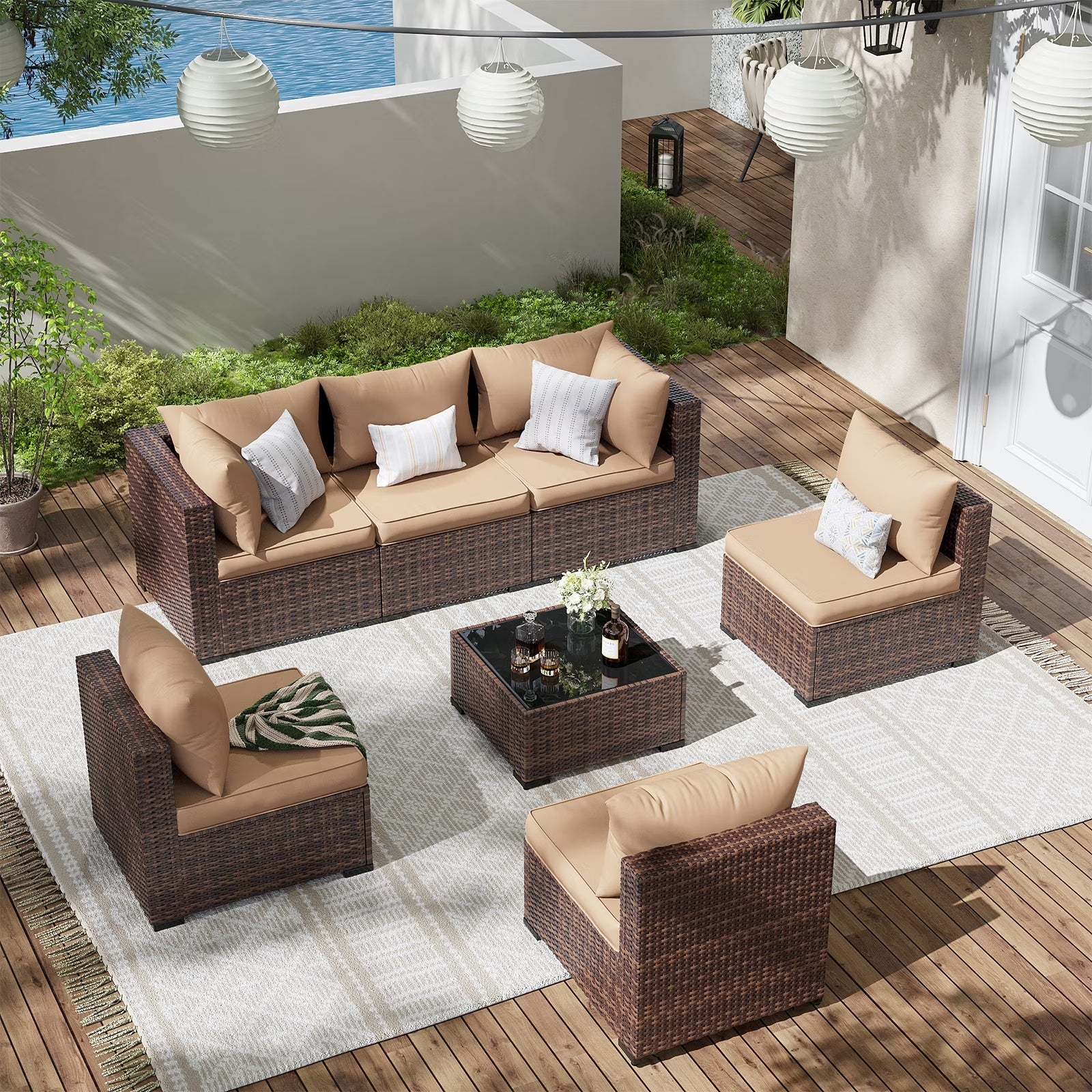 7 Pieces Patio Furniture Set All Weather Outdoor Sectional Sofa, Outdoor Modern Sectional Furniture Wicker Couch with Glass Coffee Table, Thicken Khaki Cushions, Water Resistant