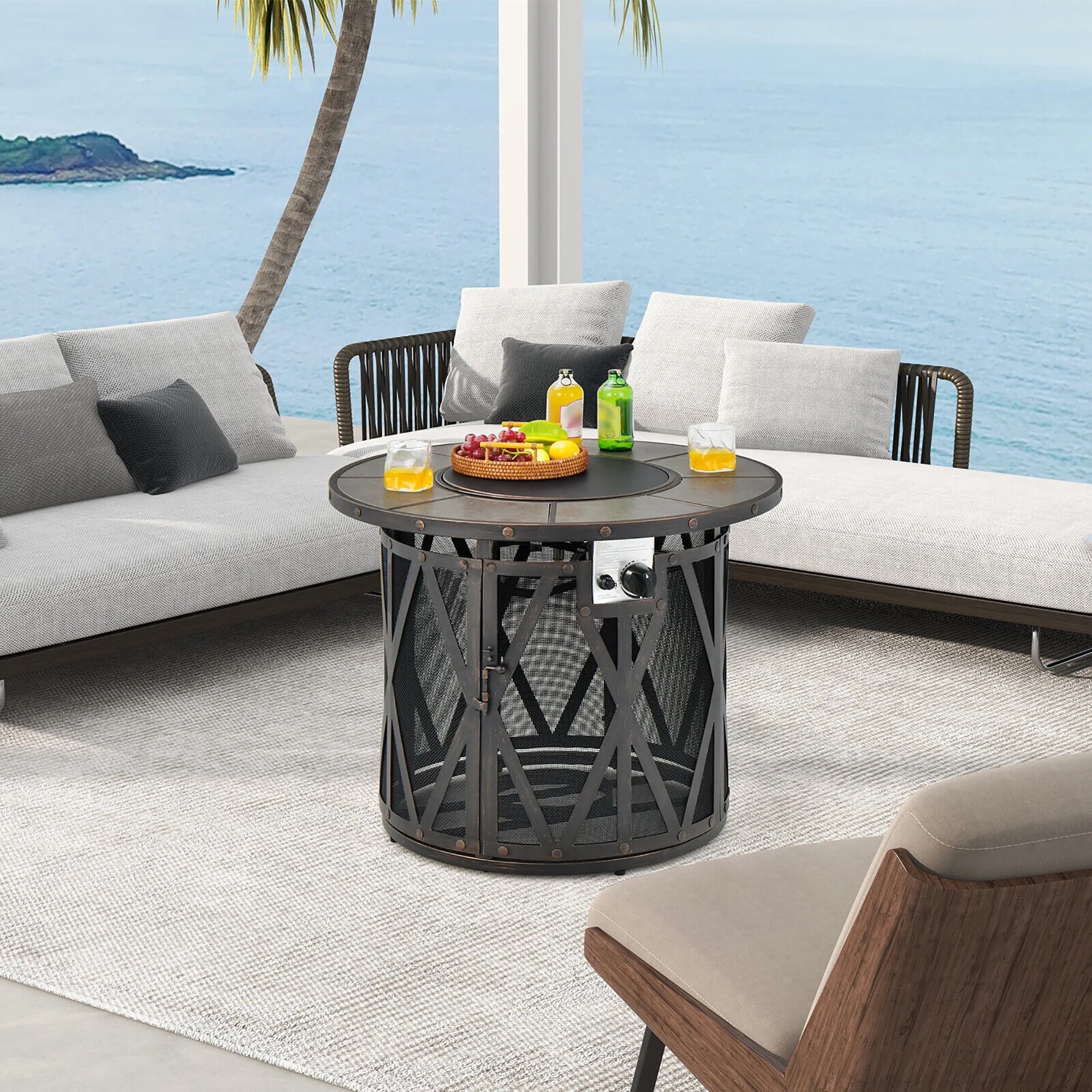32'' Patio round Fire Pit Table 30,000 BTU Propane Gas Firepit W/ Fire Glasses