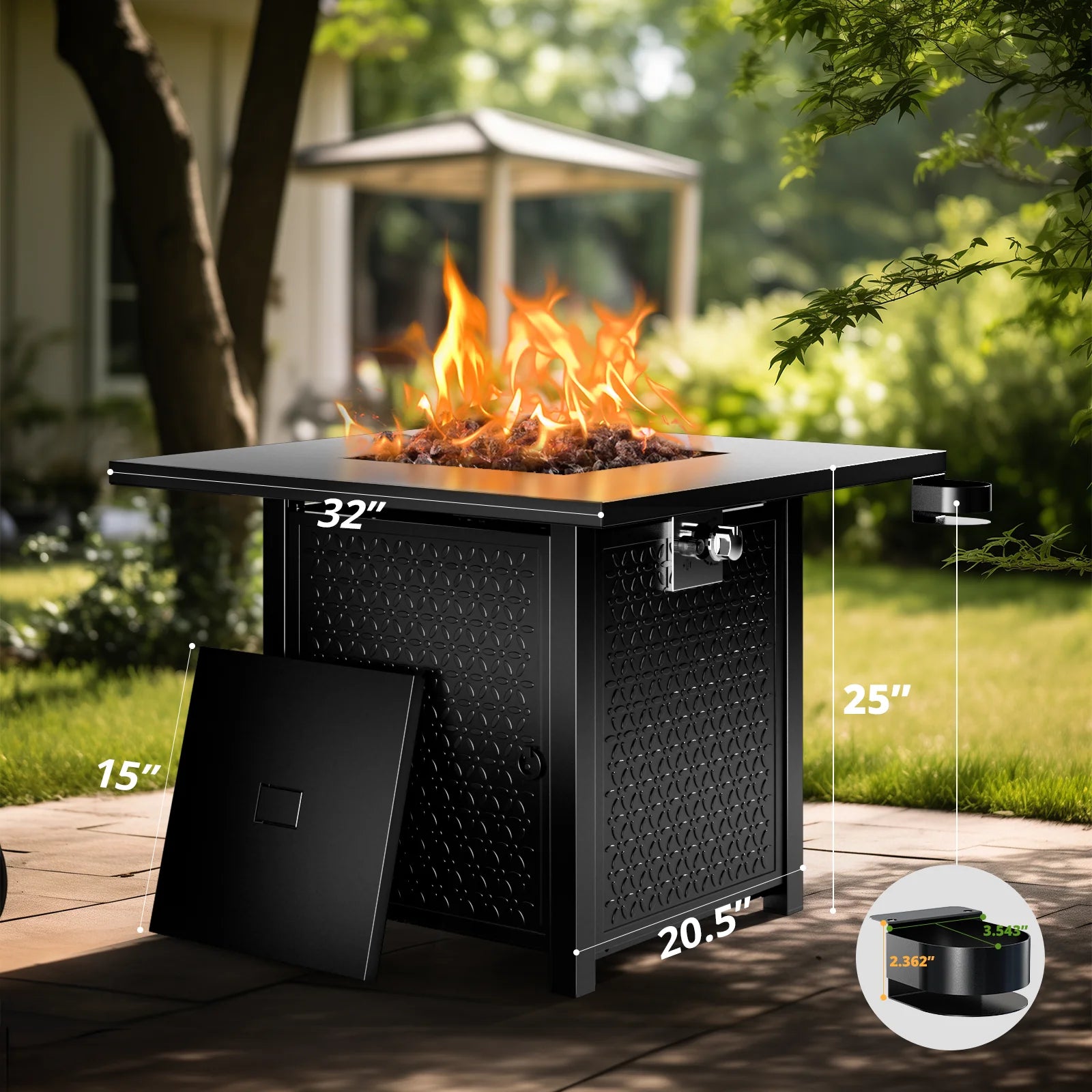 32" Gas Fire Pits with Cup Holders for Outside, 50,000 BTU Propane Fire Pit Table with Lid and Lava Rock, Black