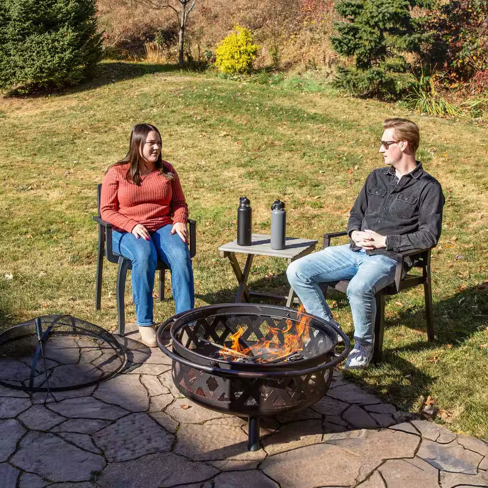 Cross Weave 36 In. X 24 In. Large round Steel Wood Burning Fire Pit in Bronze with Spark Screen