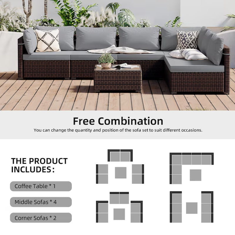 7 -Piece Rattan Patio Conversation Set with Gray Cushions