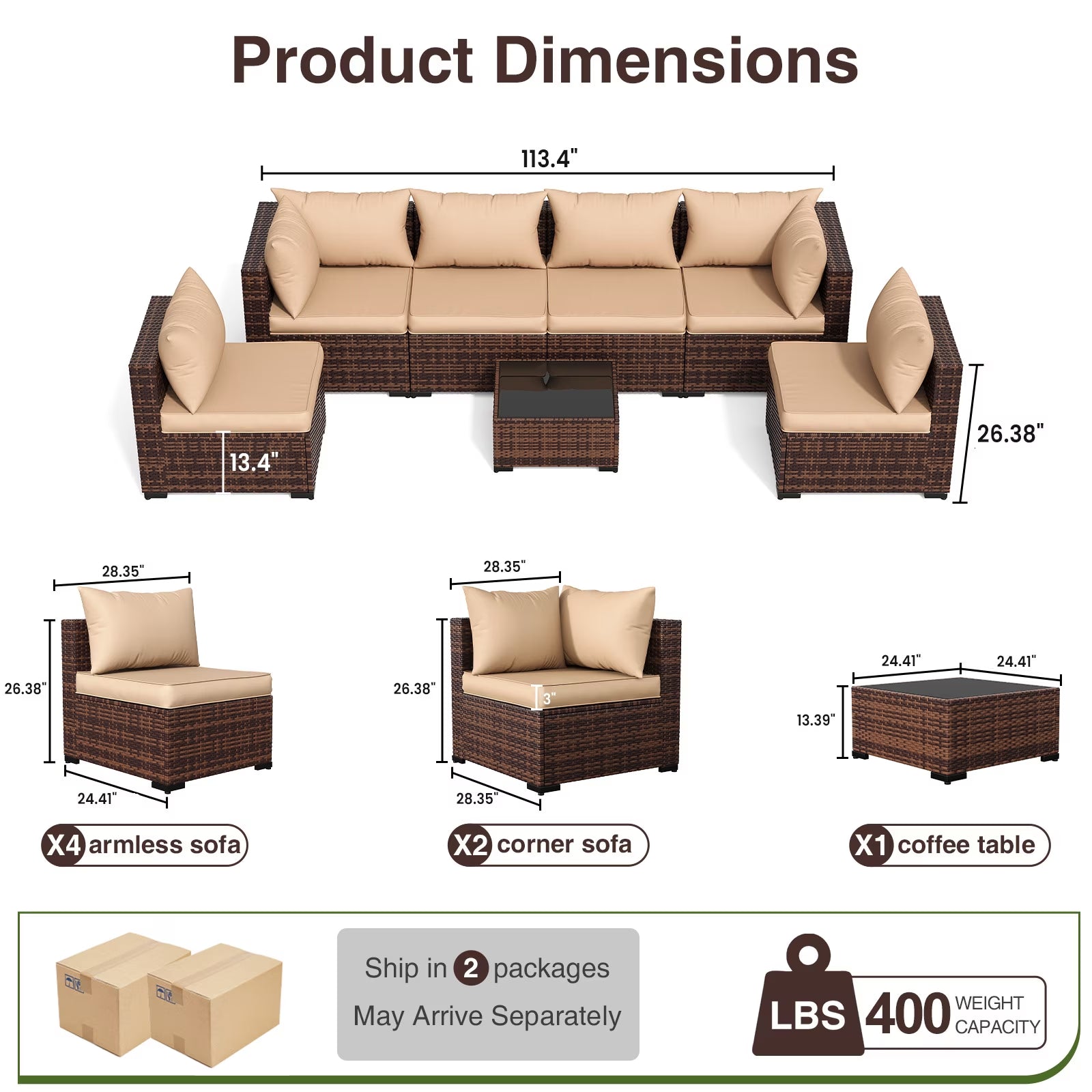 7 Pieces Patio Furniture Set All Weather Outdoor Sectional Sofa, Outdoor Modern Sectional Furniture Wicker Couch with Glass Coffee Table, Thicken Khaki Cushions, Water Resistant