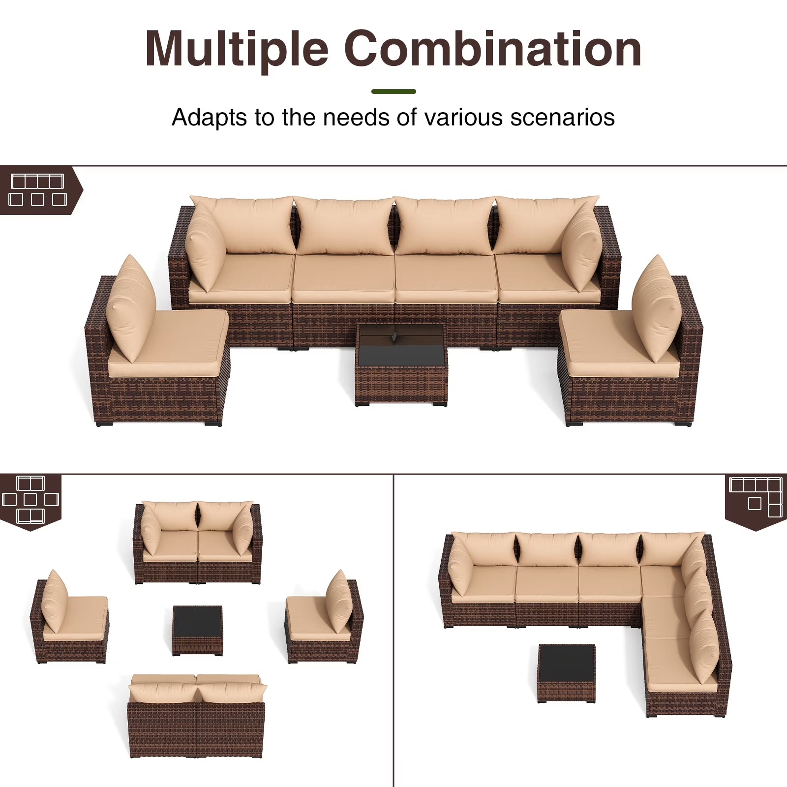 7 Pieces Patio Furniture Set All Weather Outdoor Sectional Sofa, Outdoor Modern Sectional Furniture Wicker Couch with Glass Coffee Table, Thicken Khaki Cushions, Water Resistant