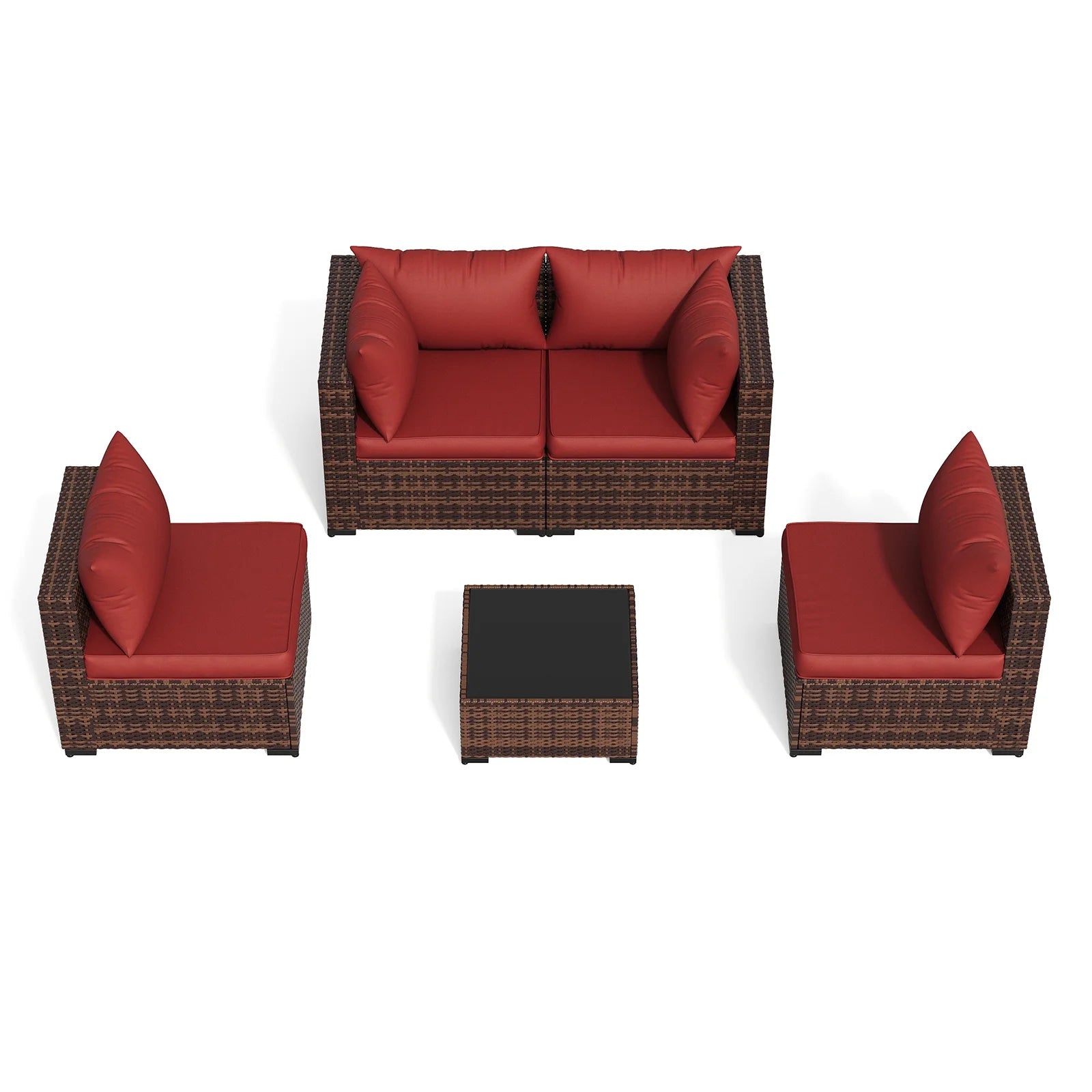 Patio Furniture Set, Outdoor Patio Furniture Wicker Furniture Couch Set, 5 Pieces Outdoor Sectional Sofa, Patio Furniture Set, Outdoor Patio Set for Porch Furniture (Burgundy Red)