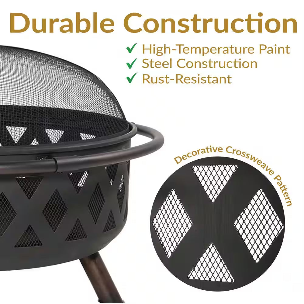 Black Cross Weave 36 In. X 24 In. round Steel Wood Burning Fire Pit with Spark Screen