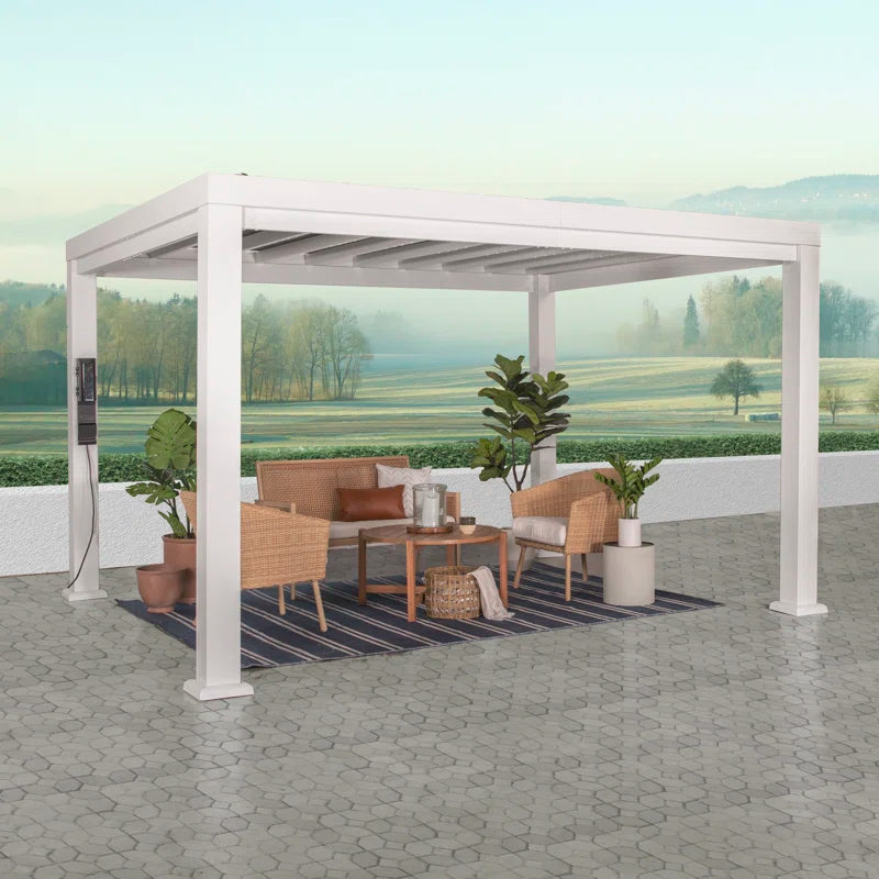 Windham 14' X 10' Modern Galvanized Steel Outdoor Patio Pergola Kit with Shade Sail Canopy and Powerport