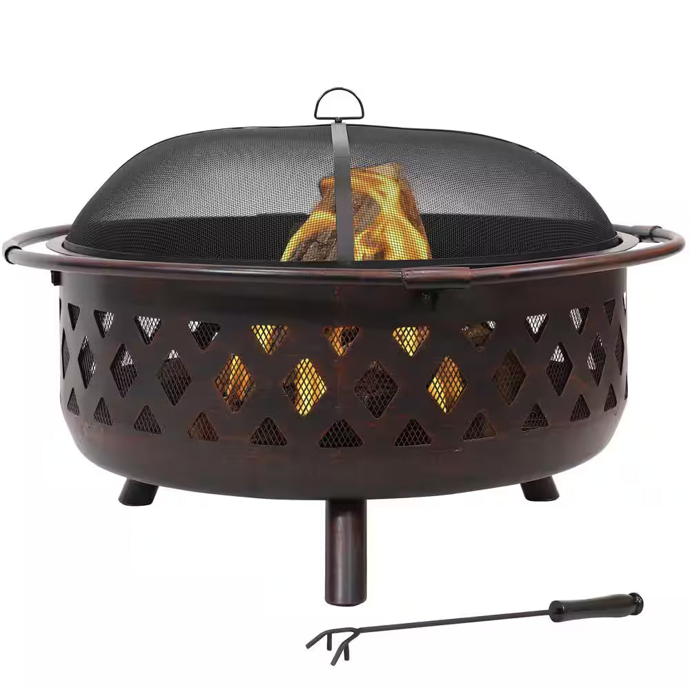 Cross Weave 36 In. X 24 In. Large round Steel Wood Burning Fire Pit in Bronze with Spark Screen