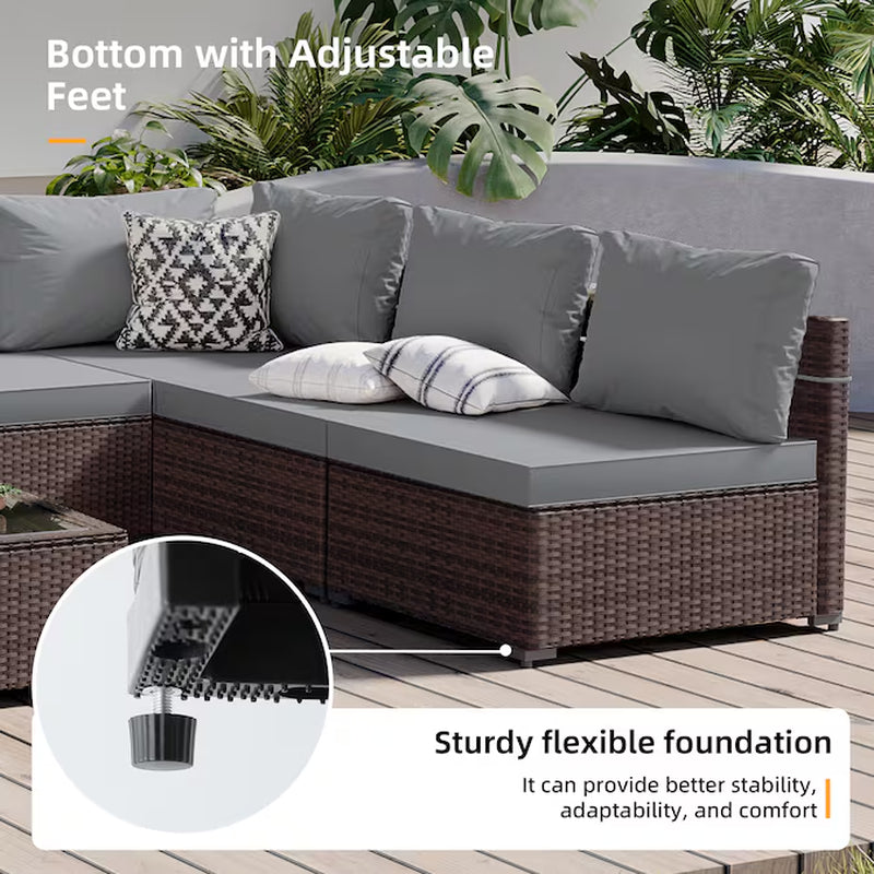 7 -Piece Rattan Patio Conversation Set with Gray Cushions