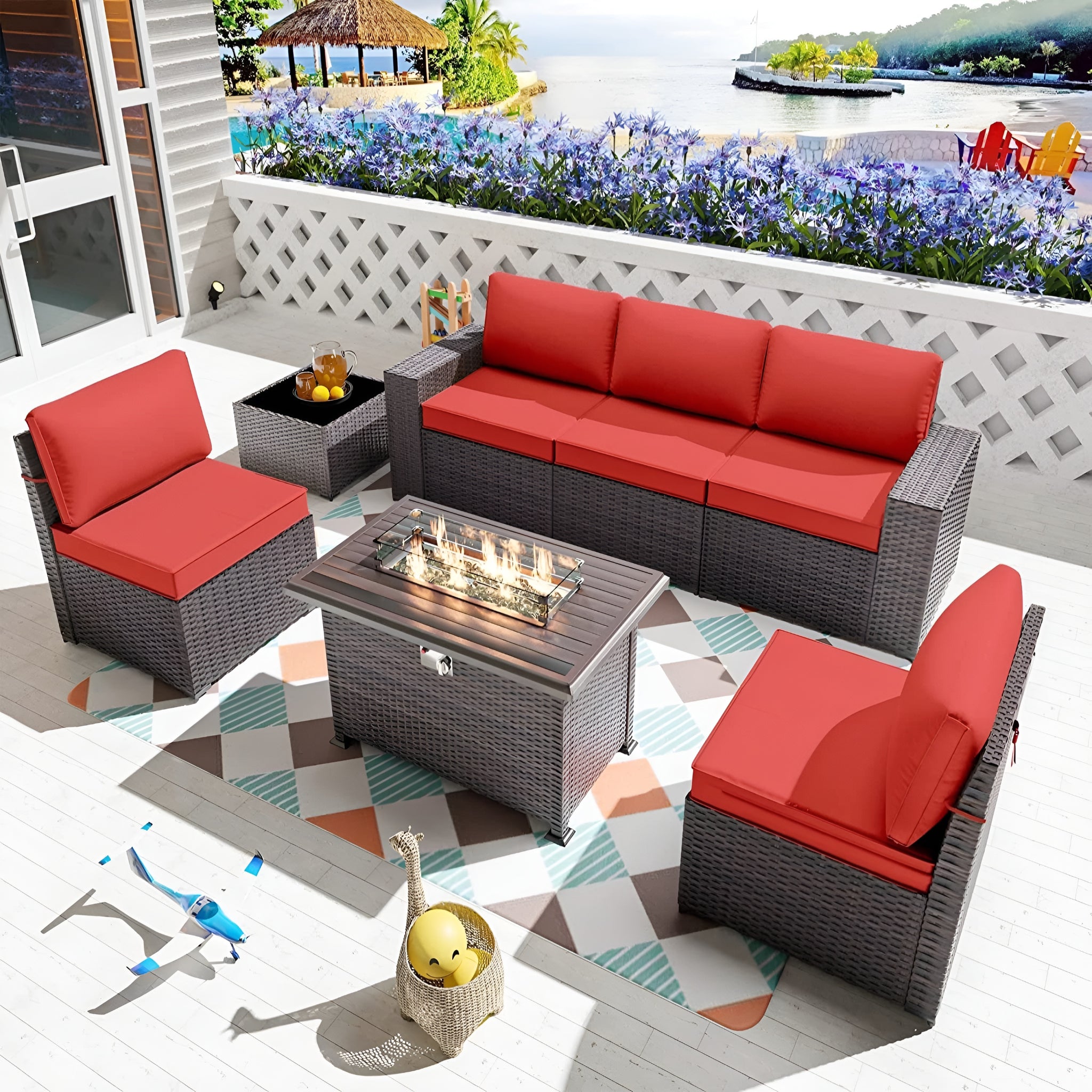 7 Pieces Outdoor Patio Furniture Set with 43" Fire Pit Table Sets Outdoor Furniture Patio Conversation Set (Red)