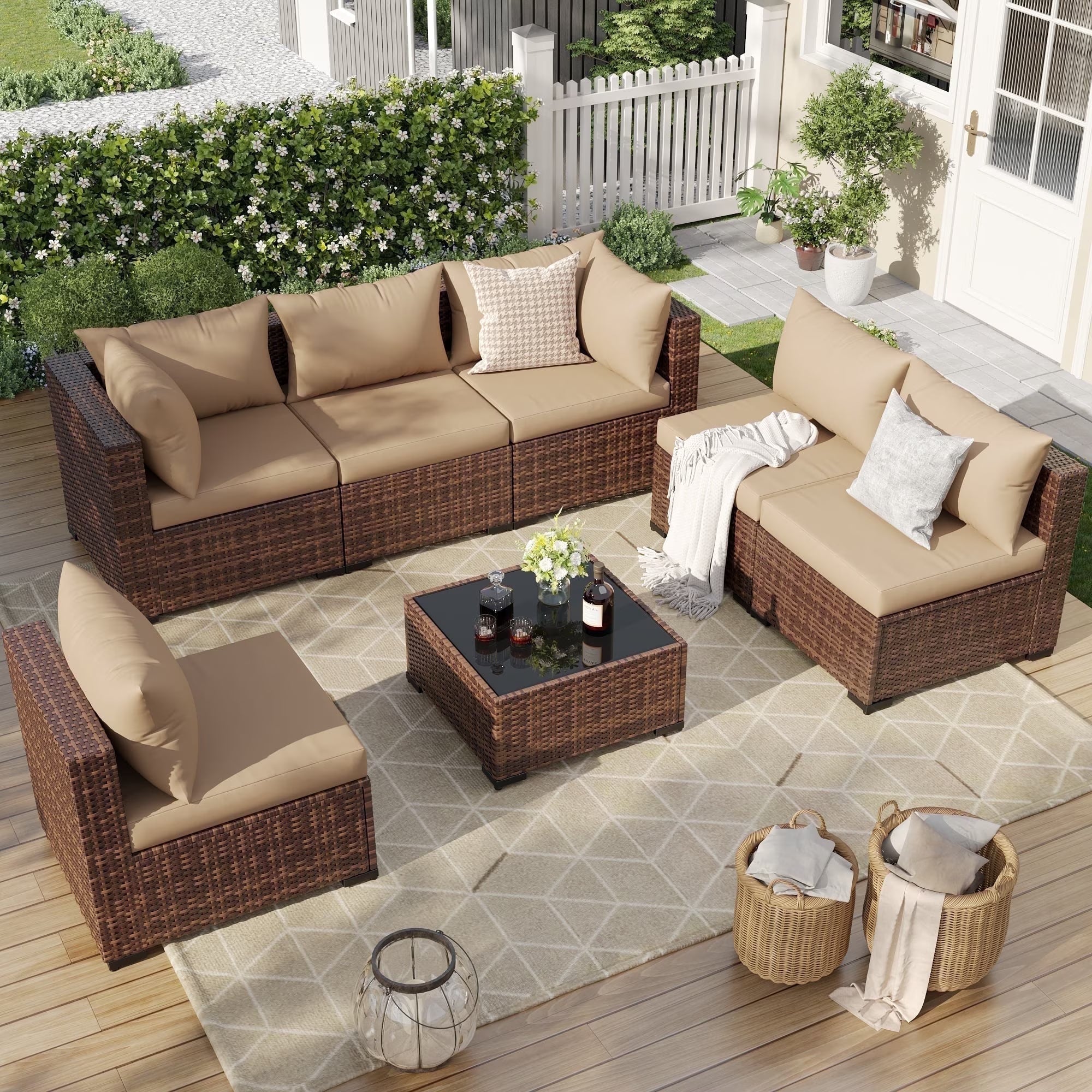 7 Pieces Patio Furniture Set All Weather Outdoor Sectional Sofa, Outdoor Modern Sectional Furniture Wicker Couch with Glass Coffee Table, Thicken Khaki Cushions, Water Resistant
