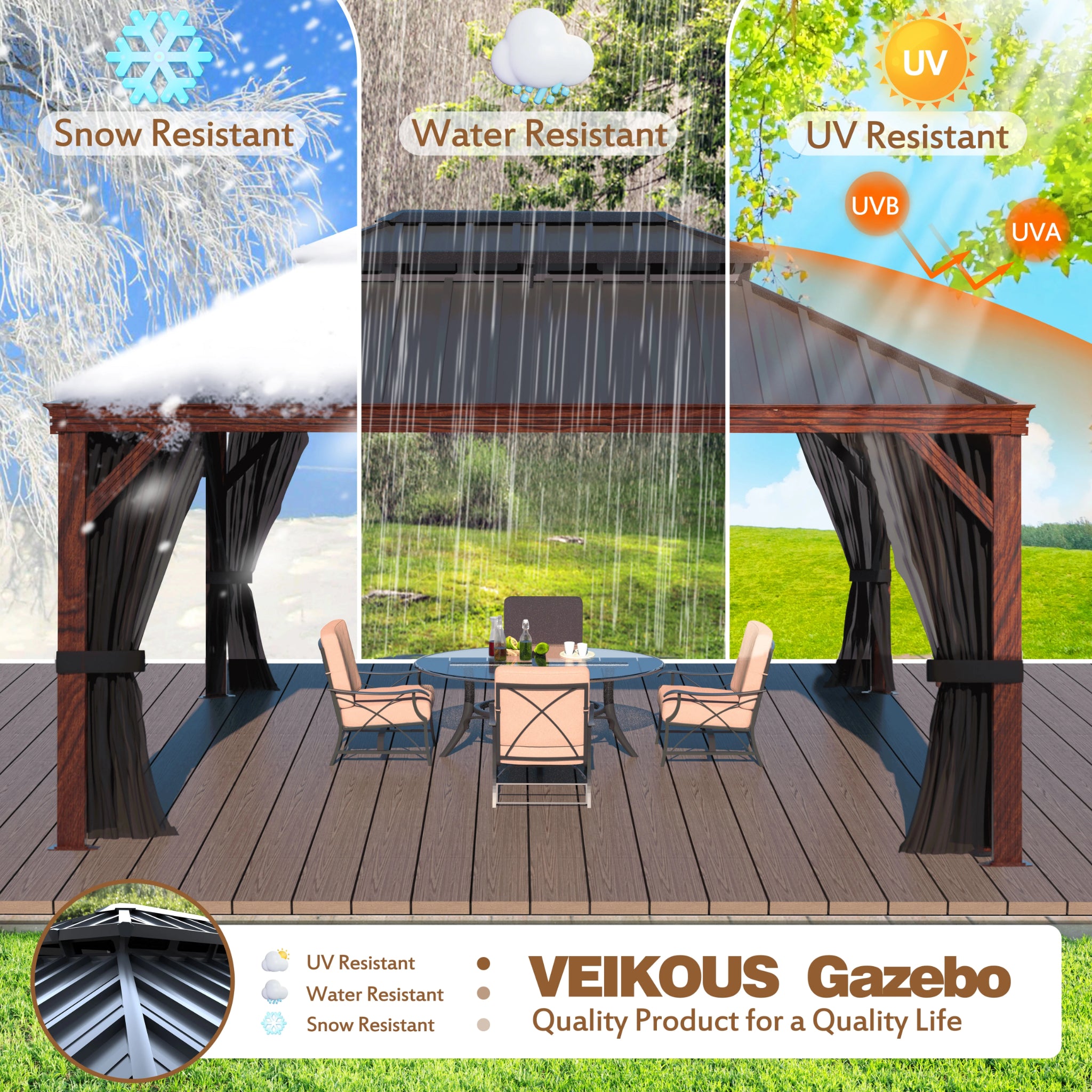 12' X 16' Outdoor Hardtop Gazebo, Wood Grain Gazebo W/Double Metal Roof for Patio, Rustic
