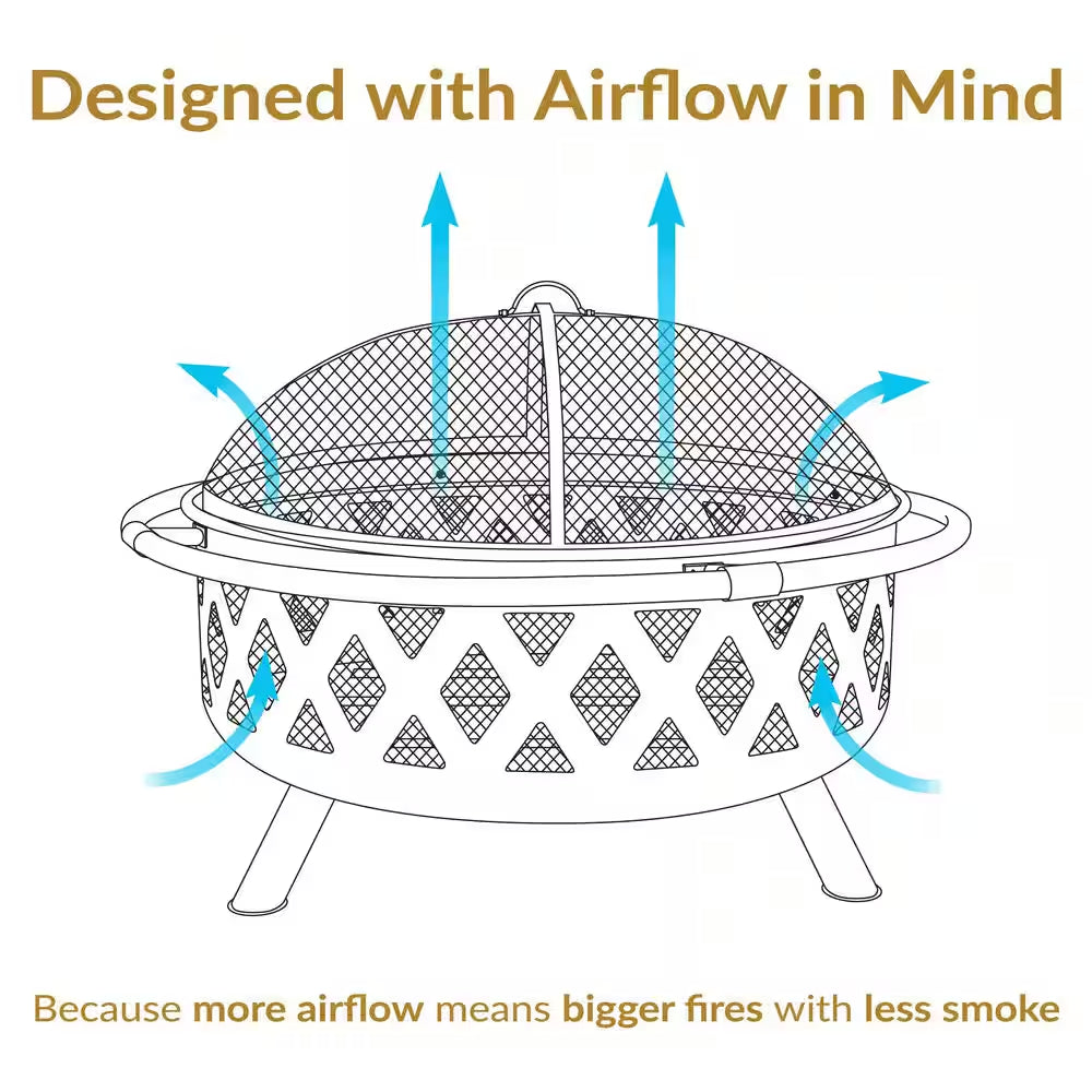 Cross Weave 36 In. X 24 In. Large round Steel Wood Burning Fire Pit in Bronze with Spark Screen
