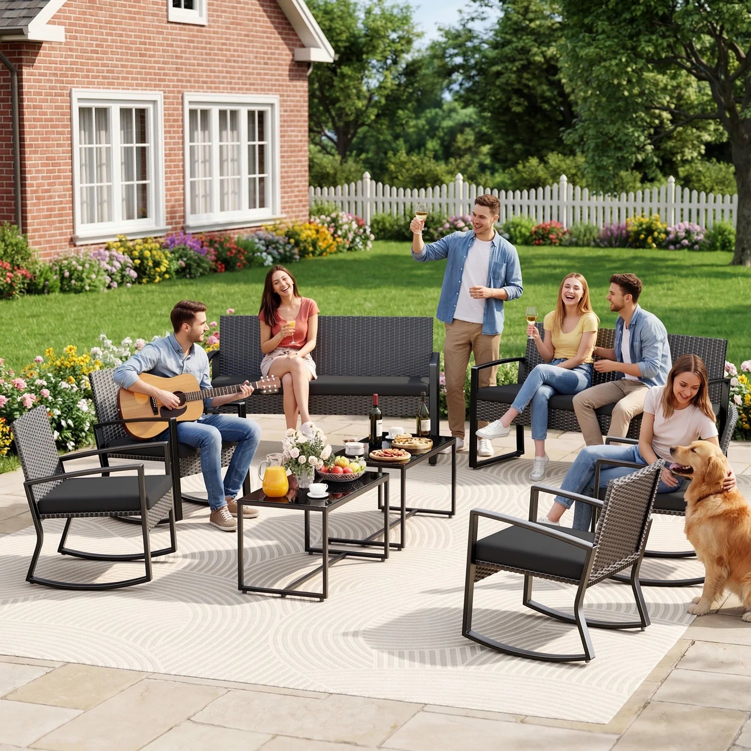 Patio Furniture Set,  8 Piece Outdoor Wicker Furniture Set with Two Tempered Glass Tables for Conversation/Gathering on Porch/Backyard, Black