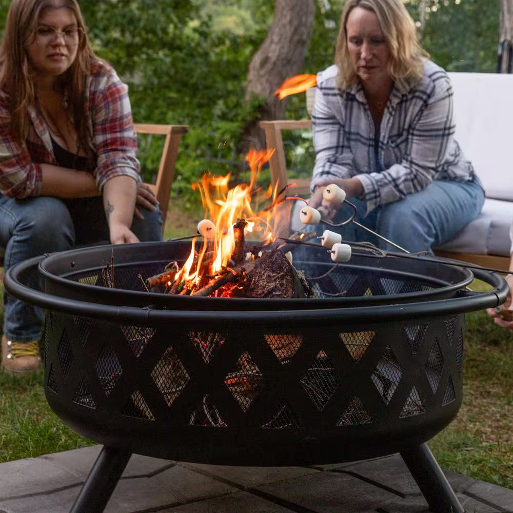 Black Cross Weave 36 In. X 24 In. round Steel Wood Burning Fire Pit with Spark Screen
