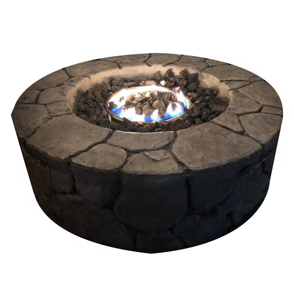28 In. W Black round Concrete Base Multi-Fuel LP Gas Fire Pit with Electronic Adjustable Igition, Lava Rocks, 40000 BTU
