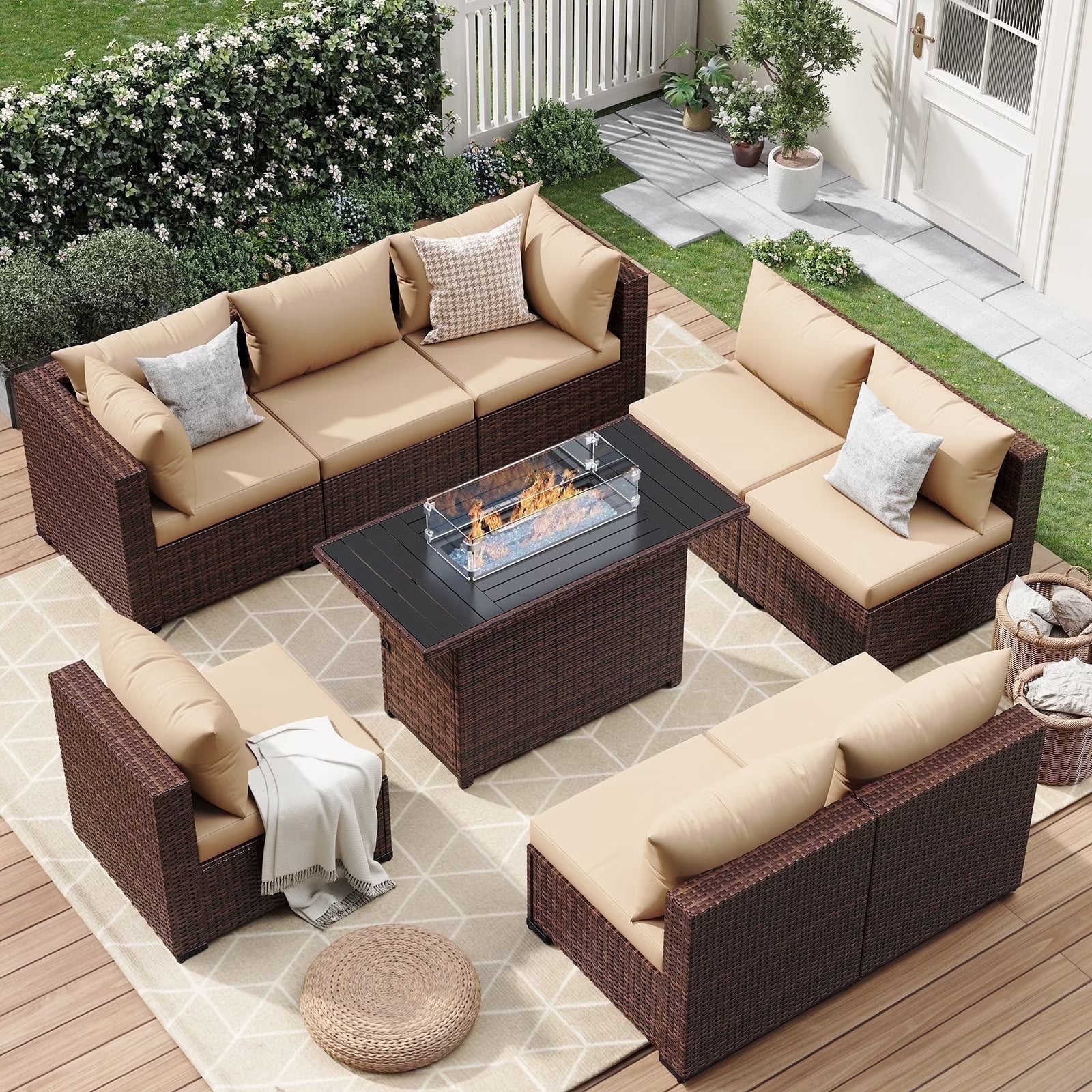 Modern 7-Piece Outdoor Patio Sectional Set with Fire Pit Table