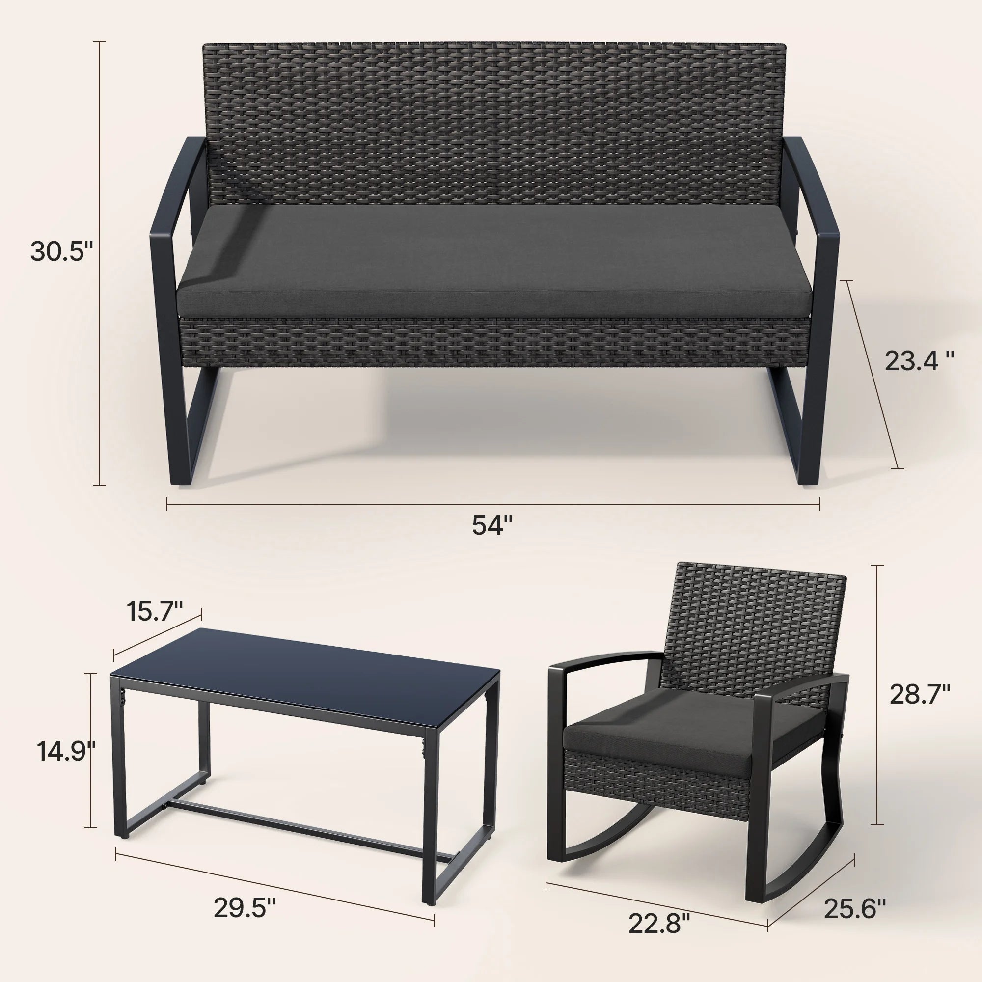 Patio Furniture Set,  8 Piece Outdoor Wicker Furniture Set with Two Tempered Glass Tables for Conversation/Gathering on Porch/Backyard, Black