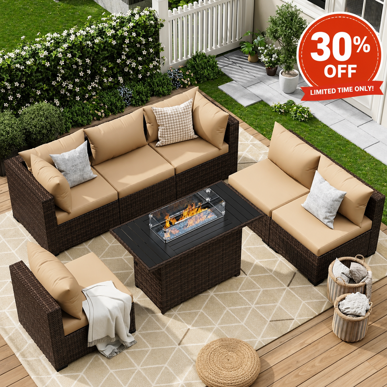 Modern 7-Piece Outdoor Patio Sectional Set with Fire Pit Table