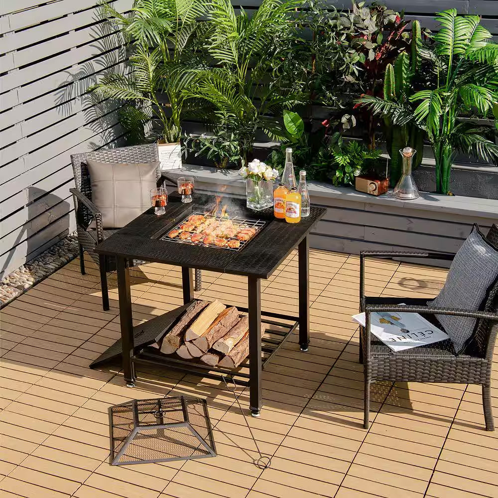 31 In. Outdoor Steel Fire Pit Dining Table Charcoal Wood Burning W/Cooking BBQ Grate