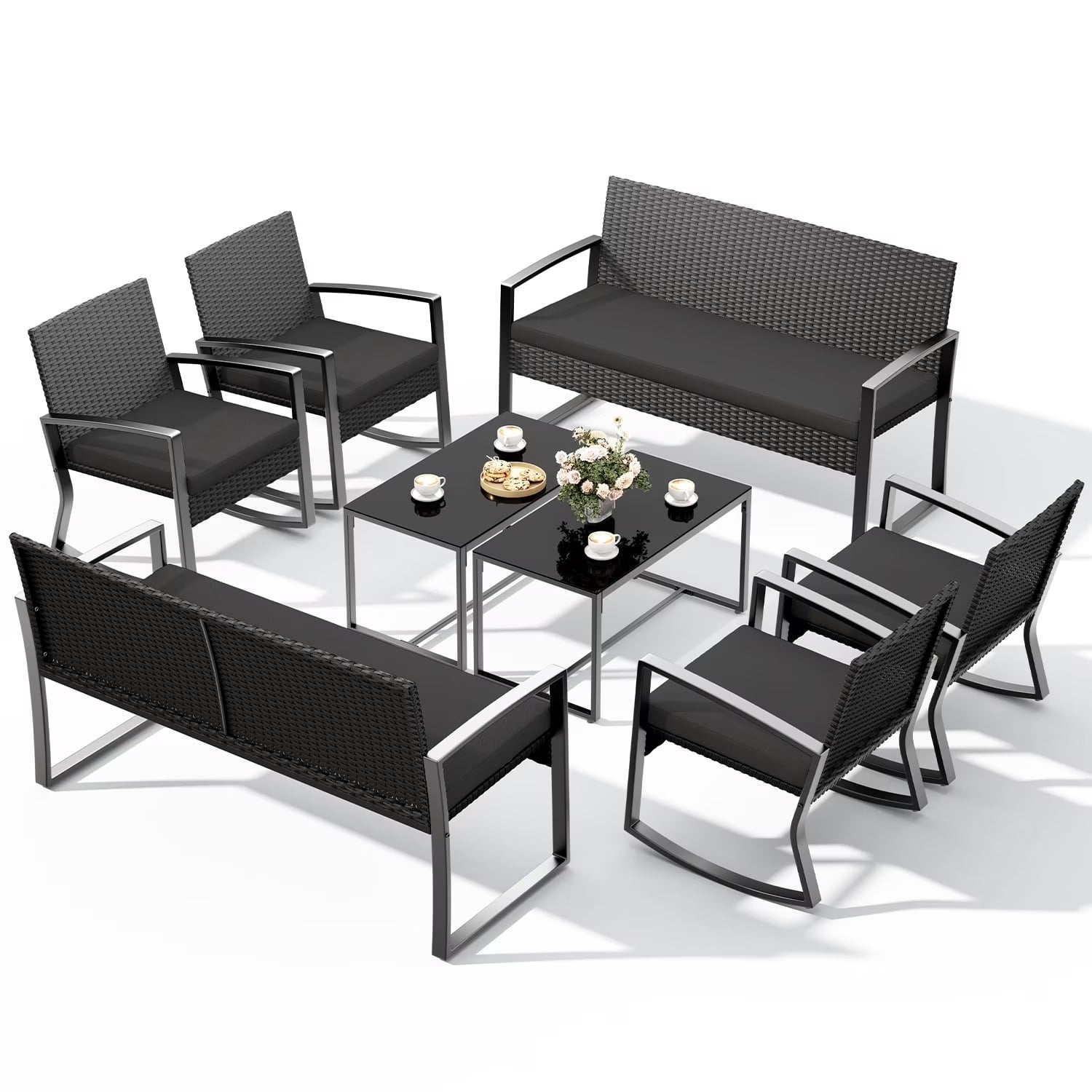 Patio Furniture Set,  8 Piece Outdoor Wicker Furniture Set with Two Tempered Glass Tables for Conversation/Gathering on Porch/Backyard, Black