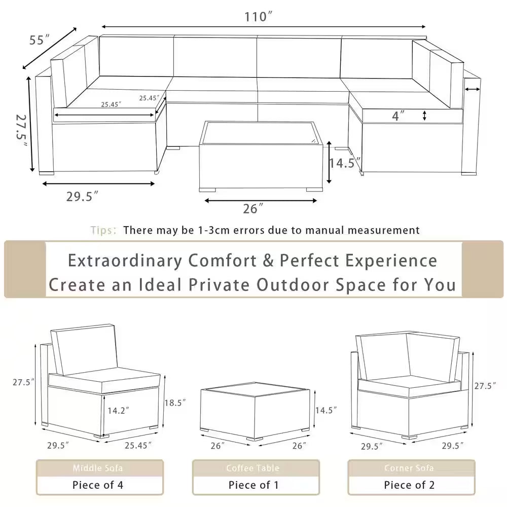 7-Piece Wicker Outdoor Sectional Set with Cushion Sand