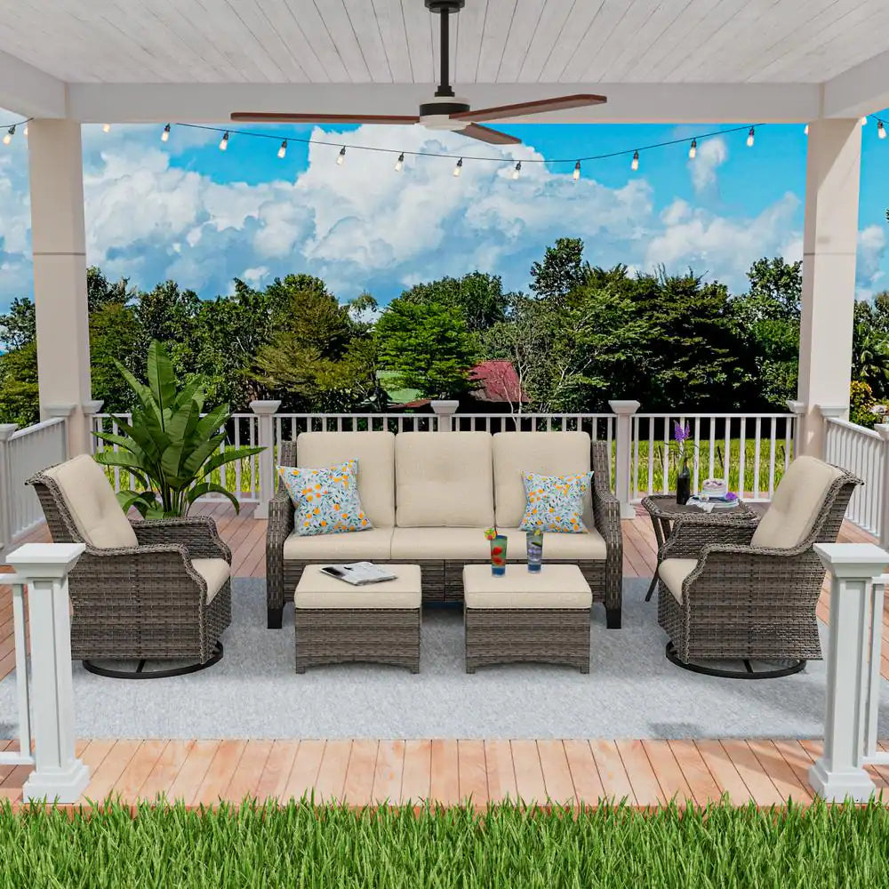 6-Pieces Wicker Outdoor Patio Furniture Set Rattan Chair Wicker Set with Beige Cushion