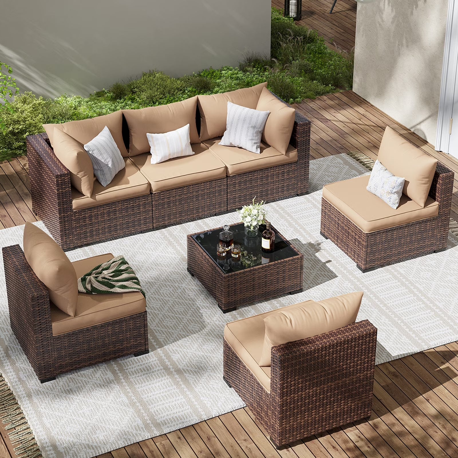 7 Pieces Patio Furniture Set All Weather Outdoor Sectional Sofa, Outdoor Modern Sectional Furniture Wicker Couch with Glass Coffee Table, Thicken Khaki Cushions, Water Resistant