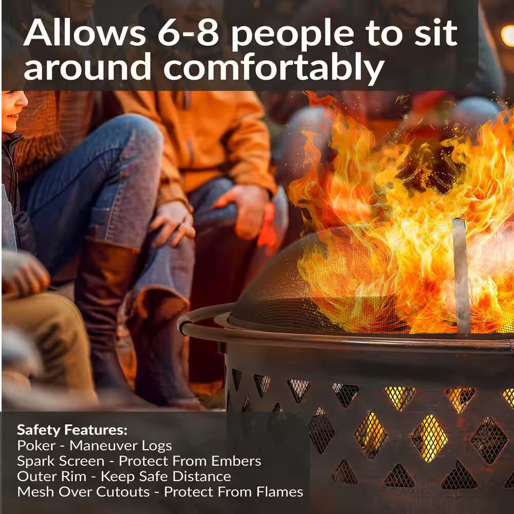 Cross Weave 36 In. X 24 In. Large round Steel Wood Burning Fire Pit in Bronze with Spark Screen
