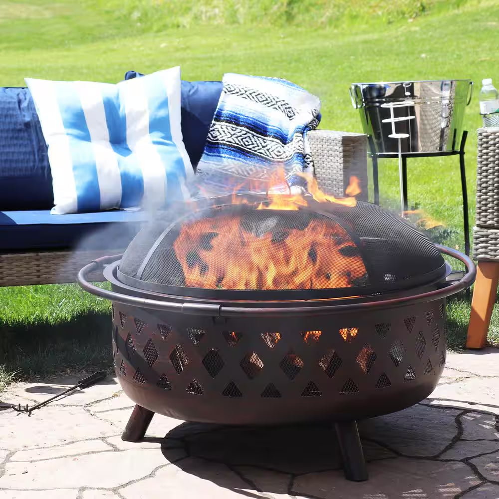 Cross Weave 36 In. X 24 In. Large round Steel Wood Burning Fire Pit in Bronze with Spark Screen