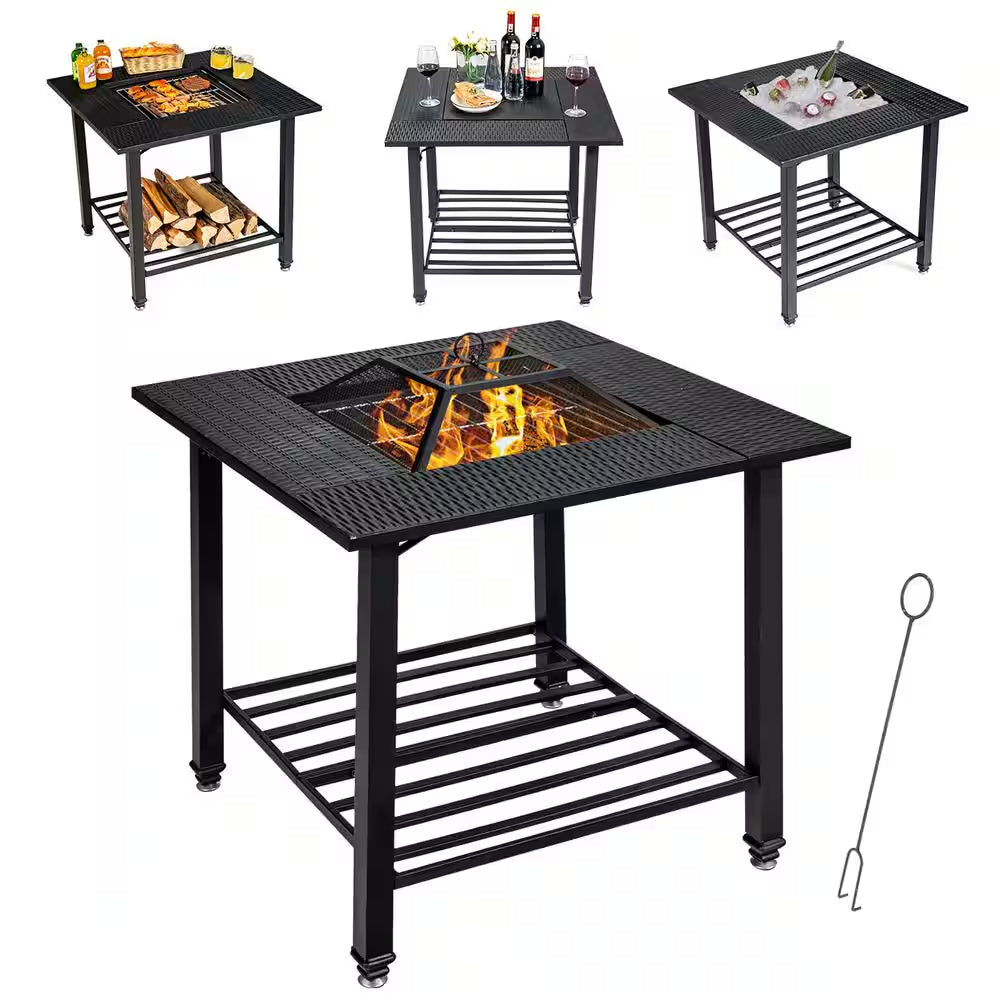 31 In. Outdoor Steel Fire Pit Dining Table Charcoal Wood Burning W/Cooking BBQ Grate