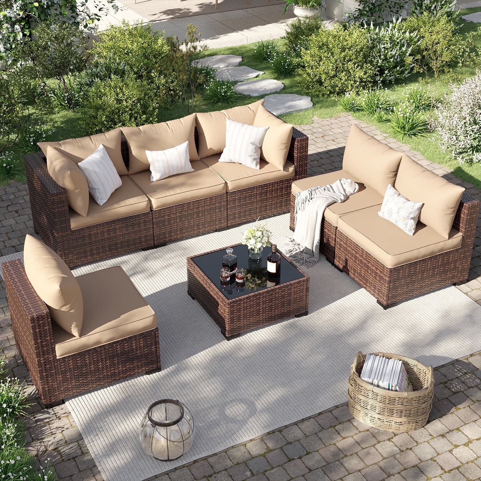7 Pieces Patio Furniture Set All Weather Outdoor Sectional Sofa, Outdoor Modern Sectional Furniture Wicker Couch with Glass Coffee Table, Thicken Khaki Cushions, Water Resistant