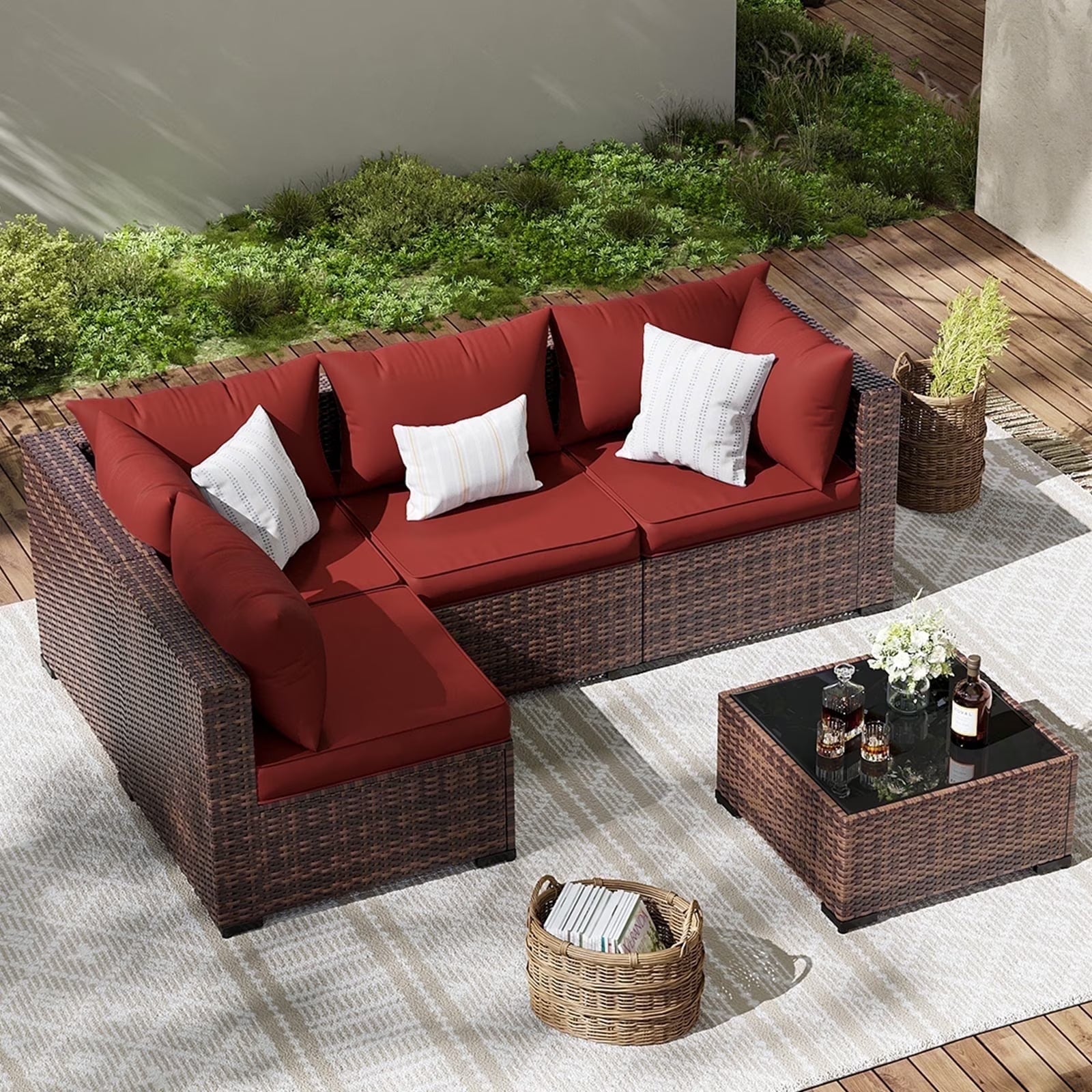 Patio Furniture Set, Outdoor Patio Furniture Wicker Furniture Couch Set, 5 Pieces Outdoor Sectional Sofa, Patio Furniture Set, Outdoor Patio Set for Porch Furniture (Burgundy Red)