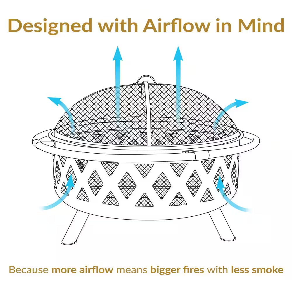 Black Cross Weave 36 In. X 24 In. round Steel Wood Burning Fire Pit with Spark Screen