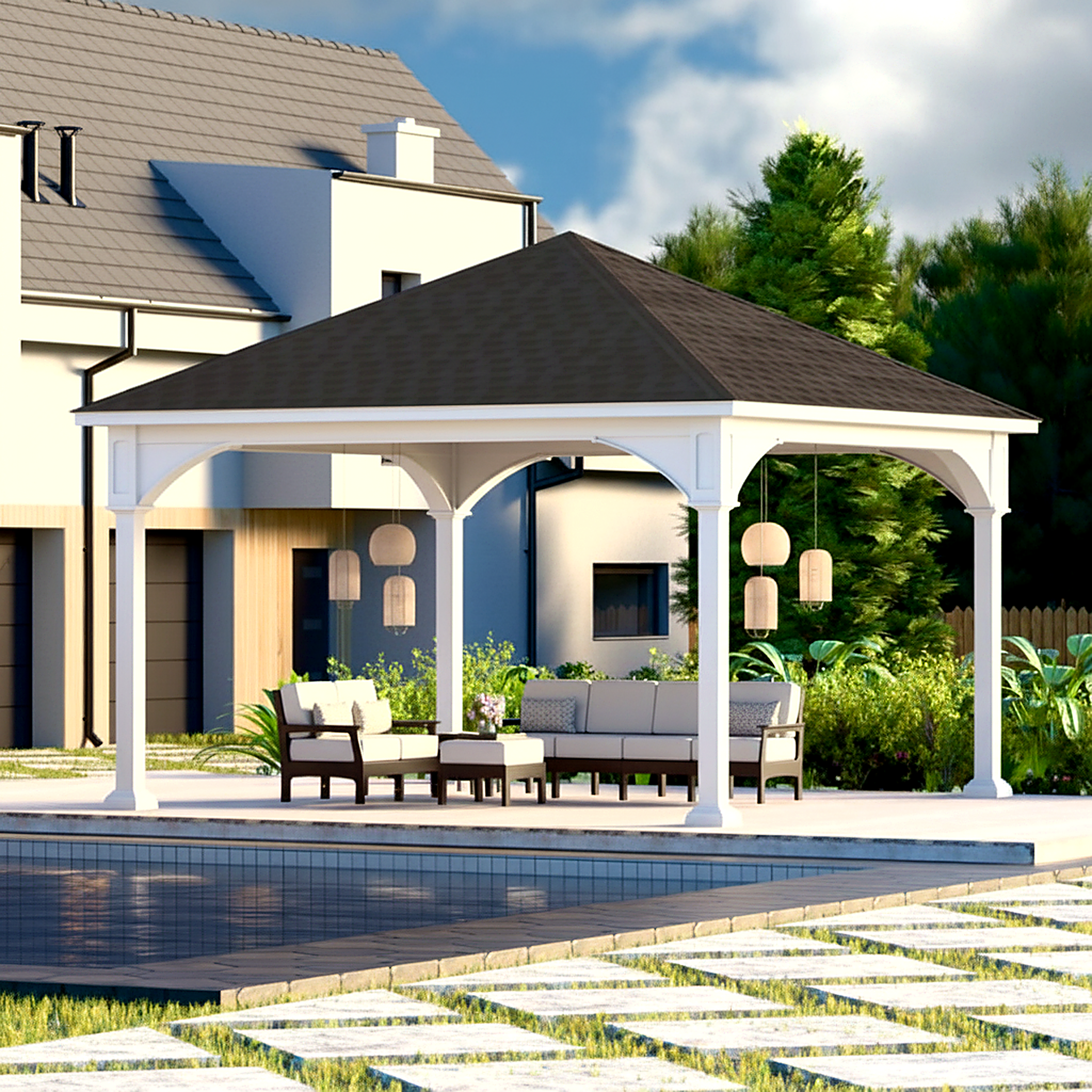 Country Lane Gazebos 16′ x 16′ Traditional Vinyl Pavilion w/ 6″ Higher Posts